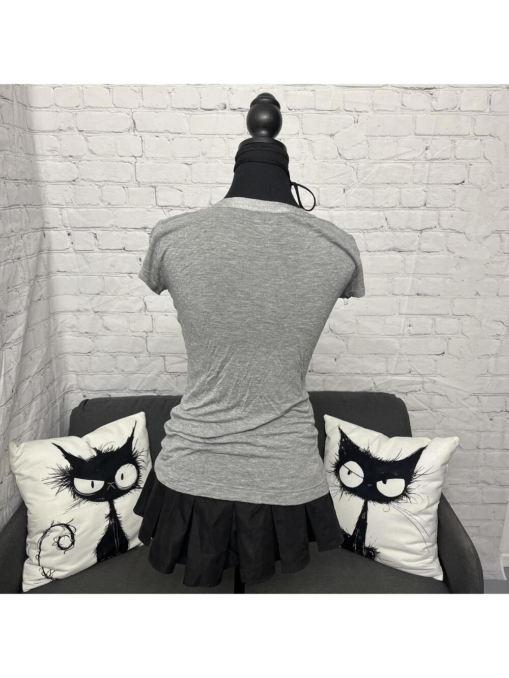 Calvin Klein Grey Scoop Neck Short Sleeve T-Shirt W Silver Chains Neck Sz XS - Picture 5 of 8